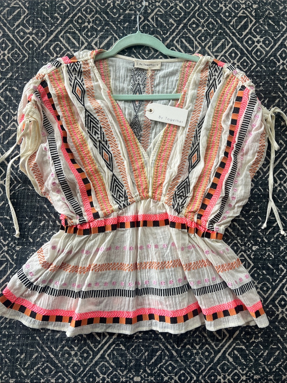 By Together Cream Embroidered V-Neck Tunic with Pink & Black Trim
